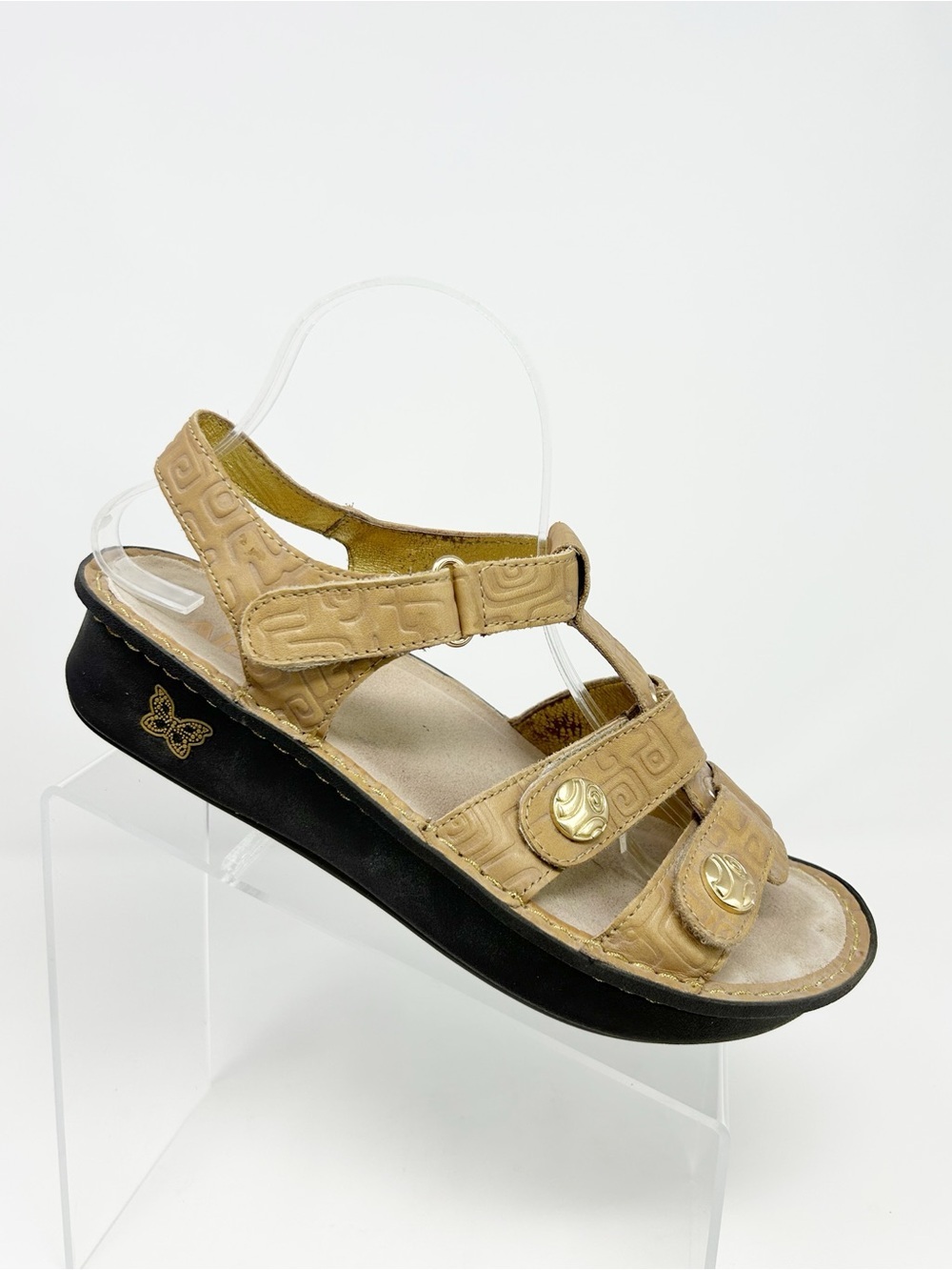 Alegria Kleo Womens Comfort Sandals Beige Embossed Strappy Wedge Gold Size 41